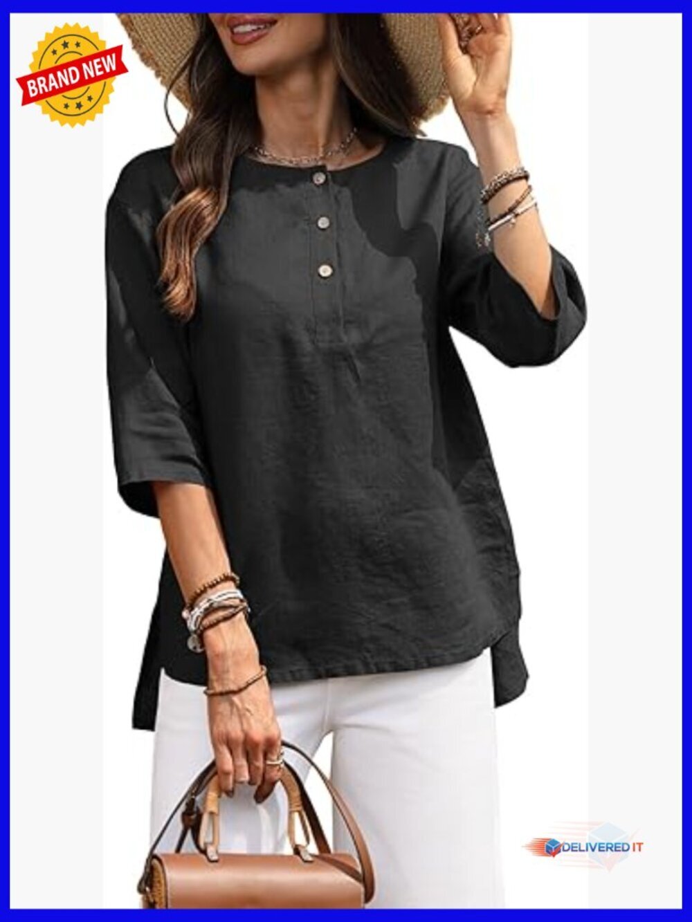 100% Linen Henley Neck 3/4 Sleeve Tunic Top